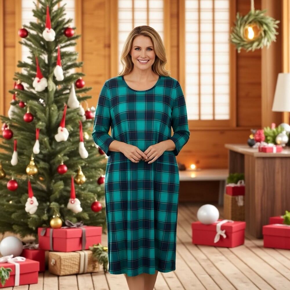 Lands’ End NWOT Green Black Plaid Mid Calf 100% Cotton Nightgown Modest Small